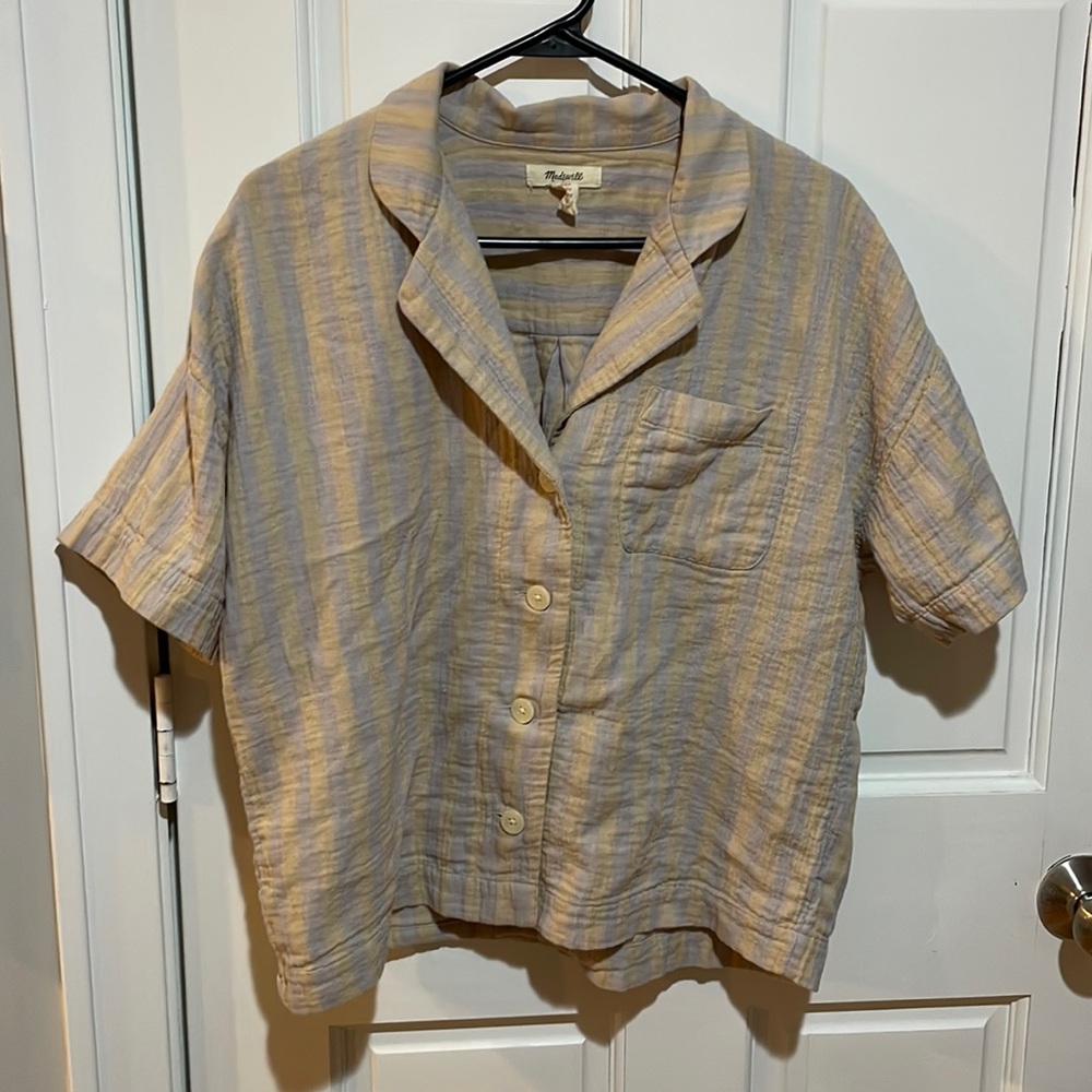 Madewell Linen Blend Striped Short-Sleeve Pajama Top - Blue & Beige